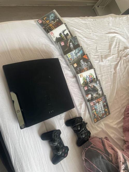 PlayStation 3 Slim + 2 controllers + 8 games – bundel, Spelcomputers en Games, Spelcomputers | Sony PlayStation 3, Zo goed als nieuw