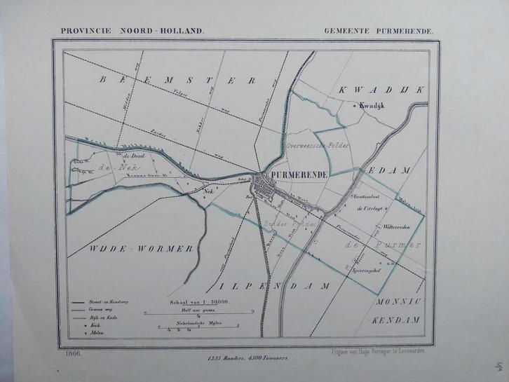 44 / Purmerend Kwadijk Nek Wijde Wormer Litho  1866 J Kuyper, Antiek en Kunst, Kunst | Litho's en Zeefdrukken, Ophalen of Verzenden