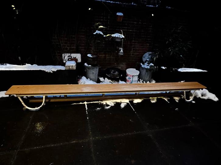 Vintage Gymbank - lang 3.60m, Tuin en Terras, Tuinbanken, Gebruikt, Hout, Ophalen