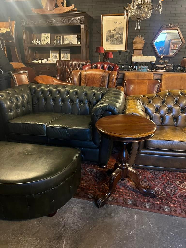 Groene Chesterfield bank, Ophalen, Gebruikt, Leer, 75 tot 100 cm