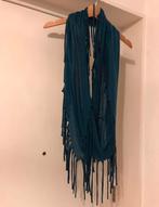 Petrol blauw col wikkel shawl sjaal franjes vintage, Verzenden, Zo goed als nieuw, Maat 46/48 (XL) of groter, Sjaal