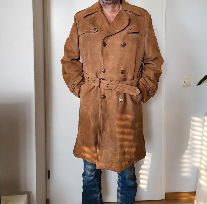 Vintage Heren Jas - Bruin Suède Trenchcoat, Kleding | Heren, Jassen | Winter, Gedragen, Overige maten, Bruin, Ophalen of Verzenden