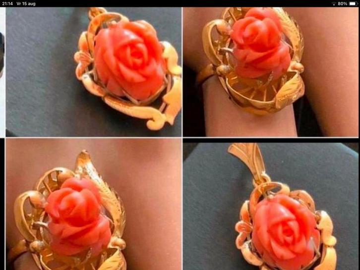 Geweldige antieke gouden set ring en hanger Bloedkoraal 18 k, Sieraden, Tassen en Uiterlijk, Kettinghangers, Zo goed als nieuw