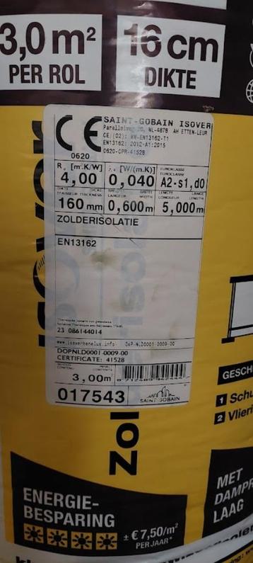 2 rollen Isover glaswol 500 x 60 cm dikte 16 cm (Rd 4.0) beschikbaar voor biedingen