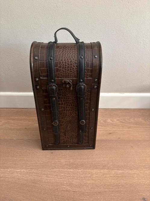 Houten Flessen Opberger met Leren Riemen, Huis en Inrichting, Woonaccessoires | Wijnrekken, Gebruikt, Minder dan 50 cm, Minder dan 5 flessen
