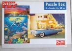 Puzzelbox 2x1000 stukjes - Cadillac 1959 onderwater dieren, 500 t/m 1500 stukjes, Legpuzzel, Zo goed als nieuw, Ophalen