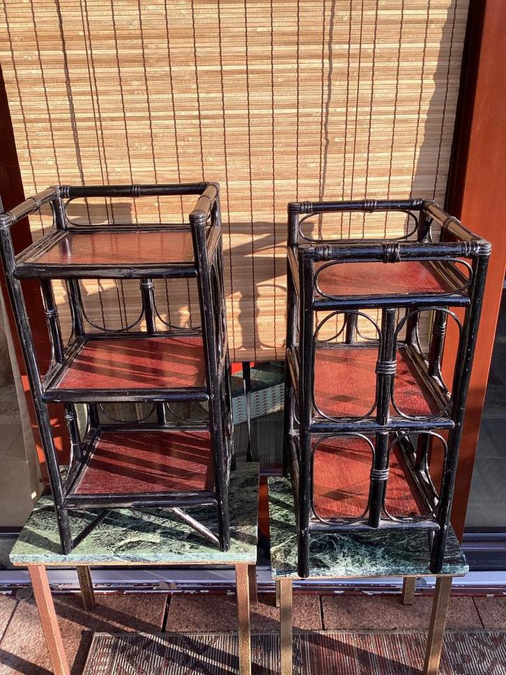 2 leuke vintage faux bamboe kastjes bijzettafeltjes, Huis en Inrichting, Tafels | Bijzettafels, Gebruikt, Rechthoekig, 60 cm of meer