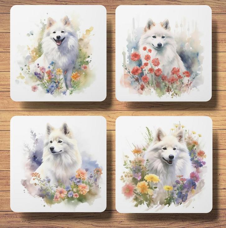 Japanse Spits Aquarel onderzetters met houder, Huis en Inrichting, Woonaccessoires | Onderzetters, Nieuw, Glas of Kopje, Ophalen of Verzenden