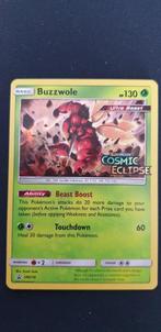 Pokemon promokaart SM218 Buzzwole Cosmic Eclipse prerelease, Losse kaart, Zo goed als nieuw, Verzenden