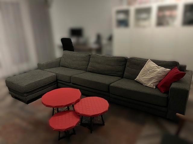 Mooie antracietgrijze stoffen bank met hocker - 'Montel', Huis en Inrichting, Banken | Bankstellen, Gebruikt, Rechte bank, Vierpersoons of meer