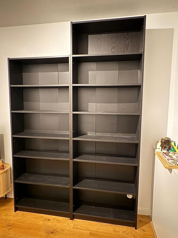 Twee Billy boekenkasten zwart eiken met opzetstuk, Huis en Inrichting, Kasten | Boekenkasten, Gebruikt, 50 tot 100 cm, 200 cm of meer