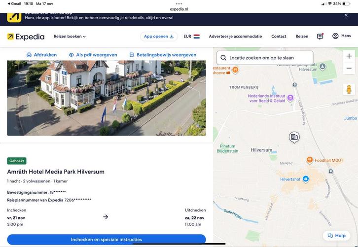Geboekte hotel kamer hilversum ter overname, Tickets en Kaartjes, Hotelbonnen, Twee personen, 1 overnachting