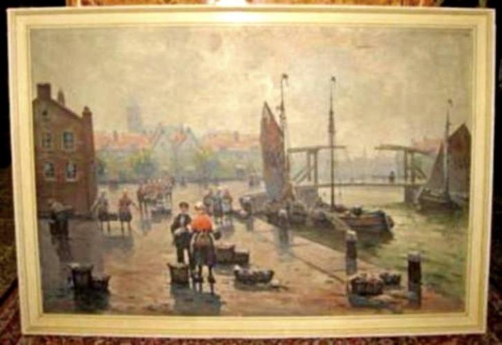 ==Oskar Koch 1886-1914==doek 80 x 120 cm==vismarkt==, Antiek en Kunst, Kunst | Schilderijen | Klassiek, Ophalen