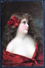 Mooie vrouw met lang haar, rode jurk en rode strik, Asti, Verzenden, Voor 1920, Ongelopen, Overige thema's