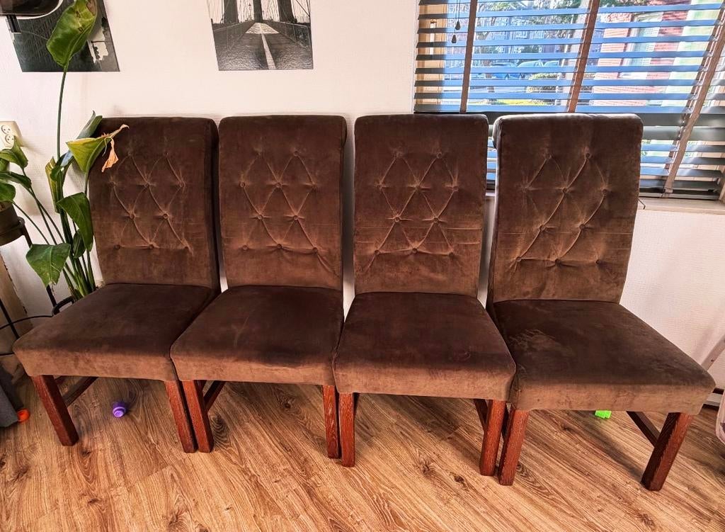 Set van 4 bruine, stoffen eetkamerstoelen, Huis en Inrichting, Stoelen, Ophalen, Bruin, Zo goed als nieuw, Vier