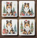 Sheltie Kerst onderzetters met houder, Verzenden, Nieuw, Glas of Kopje