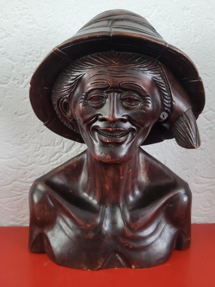 Bali houtsnijwerken buste oudere man, Antiek en Kunst, Kunst | Niet-Westerse kunst, Ophalen of Verzenden