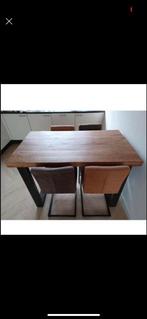 Bar tafel houten blad met stalen poot + 4 stoelen, 50 tot 100 cm, Rechthoekig, Zo goed als nieuw, Ophalen