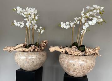 2 Potten, Gemêleerd zandkleurig, met orchidee en moerbeitak beschikbaar voor biedingen