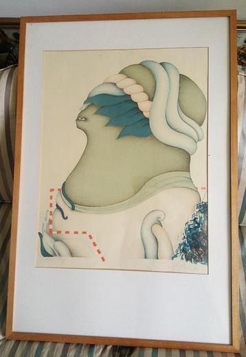 Surrealisme - kleurenlitho portret vrouw - P. René en '74 beschikbaar voor biedingen