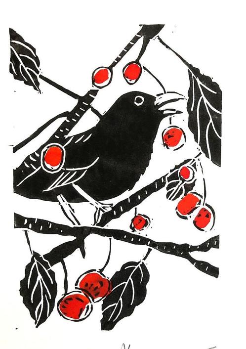 Linodruk Merel (kleur), Antiek en Kunst, Kunst | Litho's en Zeefdrukken, Ophalen of Verzenden