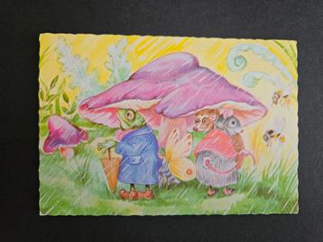 Oude Prentkaart - Dieren schuilen onder een paddenstoel beschikbaar voor biedingen