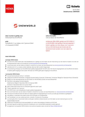 Tickets voor snowworld 4 stuks beschikbaar voor biedingen