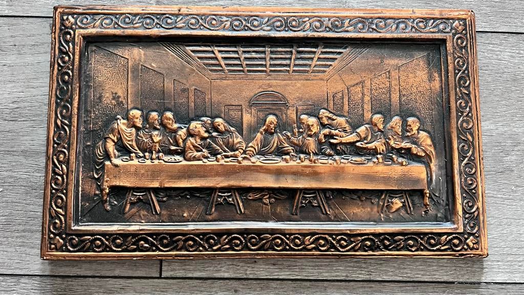 Het Laatste Avondmaal Reliëf - Koperkleurig, Ophalen of Verzenden, Gepatineerd, Wanddecoratie, 20 - 50 cm
