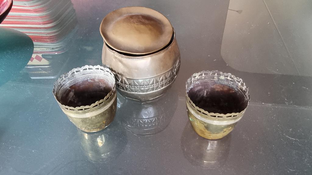 Antiek koperen tabakspot met 2 koperen potjes, Ophalen of Verzenden, Gebruikt, Tabaksdoos of Verpakking