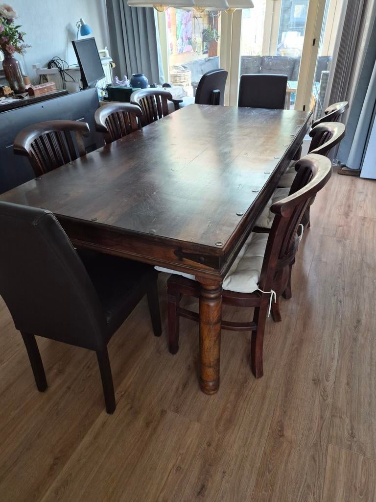 Koloniale eettafel met 6 stoelen en salontafel, Ophalen, Gebruikt, 100 tot 150 cm, Koloniaal