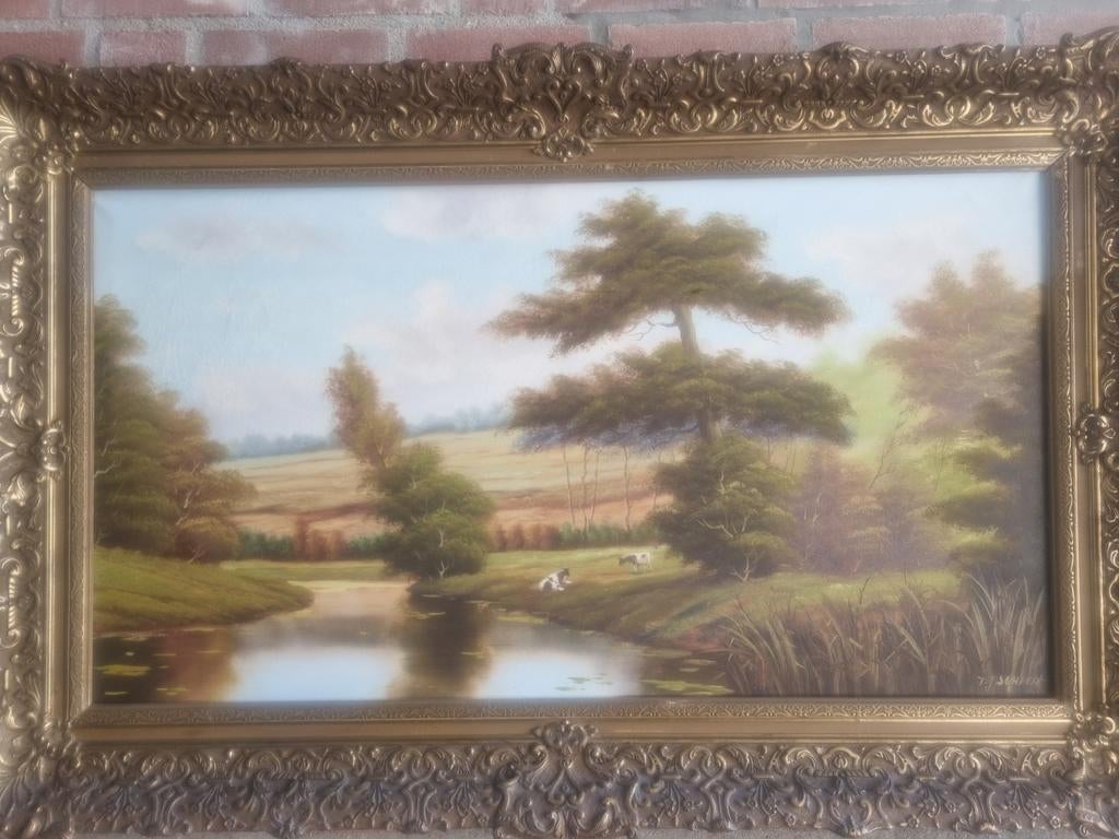 Klassiek Landschap Olieverfschilderij met Rivier en Vee, Antiek en Kunst, Ophalen