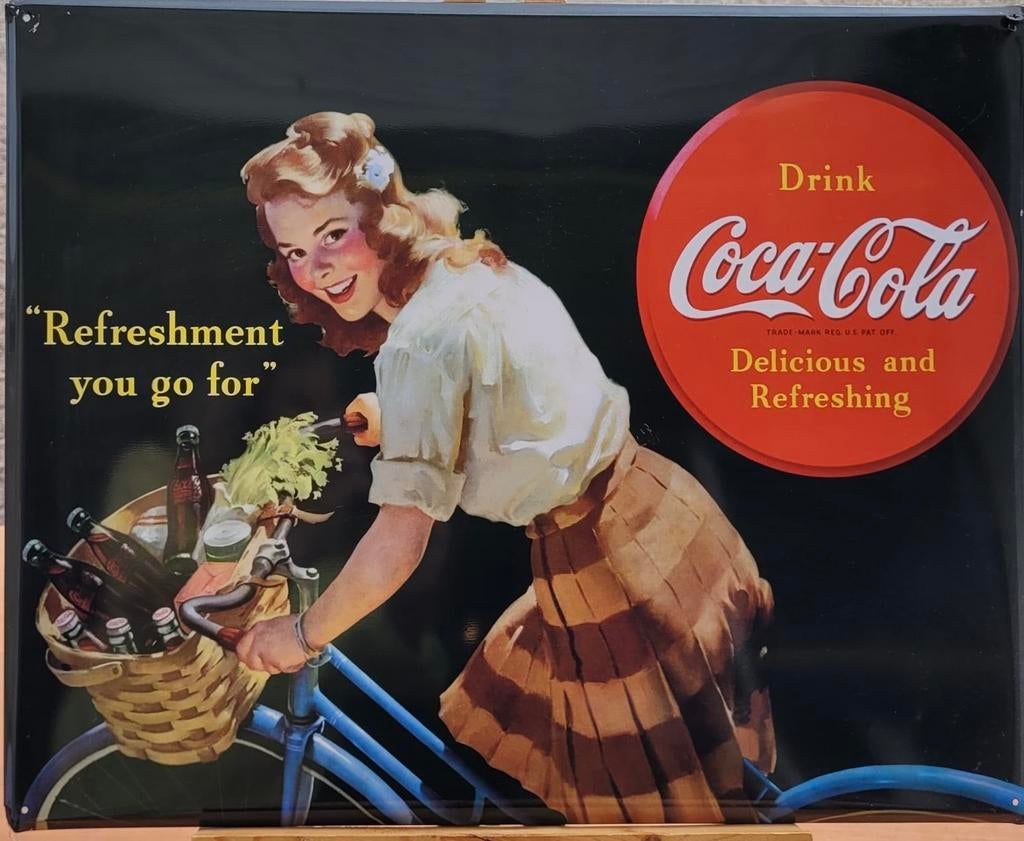 Vintage Coca-Cola Reclamebord - "Refreshment you go for", Ophalen of Verzenden, Gebruikt, Reclamebord