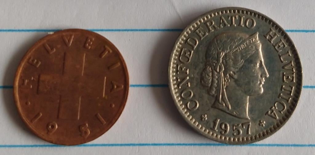 Zwitserse munten; 1951 en 1957, volgnr 52, Ophalen of Verzenden, Overige landen, Losse munt