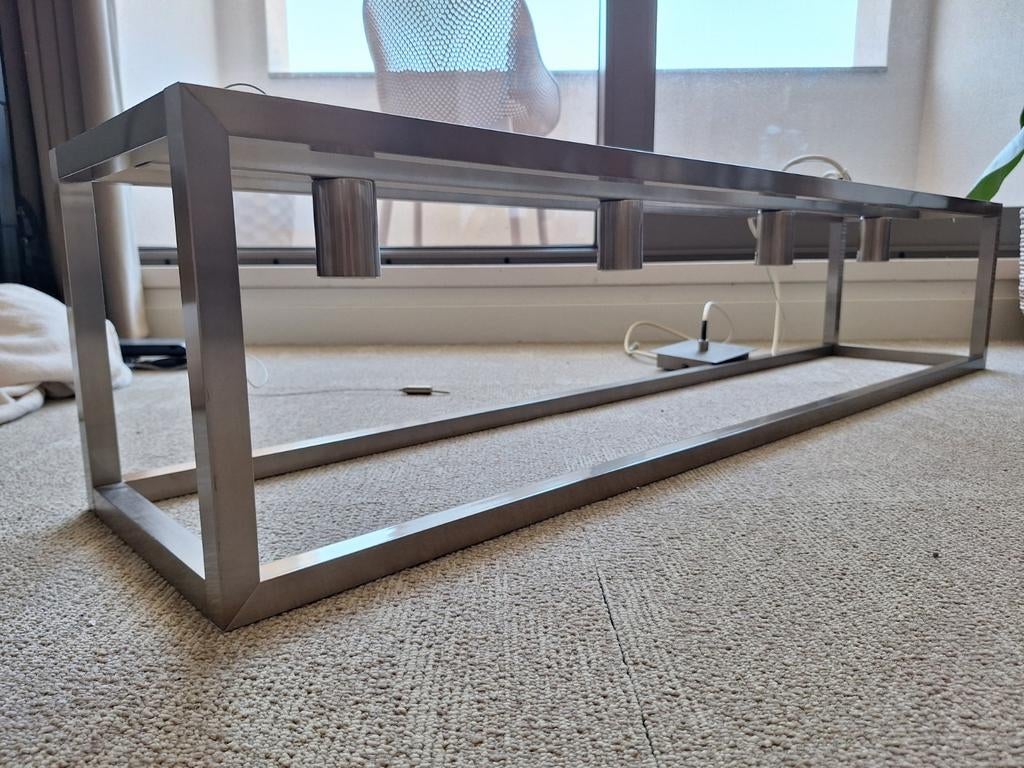 Design hanglamp RVS met glasplaat 125 x 25 cm, Ophalen, Zo goed als nieuw, 75 cm of meer