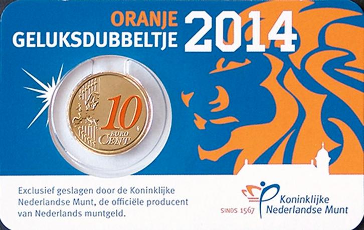Nederland Oranje geluksdubbeltje 2014 WA in coincard, Postzegels en Munten, Munten | Nederland, Setje, Euro's, Koningin Beatrix