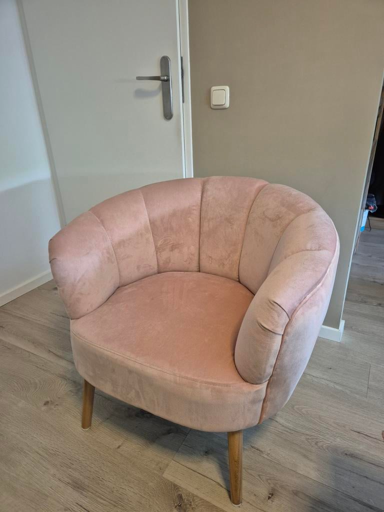 Roze zachte velvet suède fauteuil, Ophalen, Eenpersoons, 75 tot 100 cm, Zo goed als nieuw