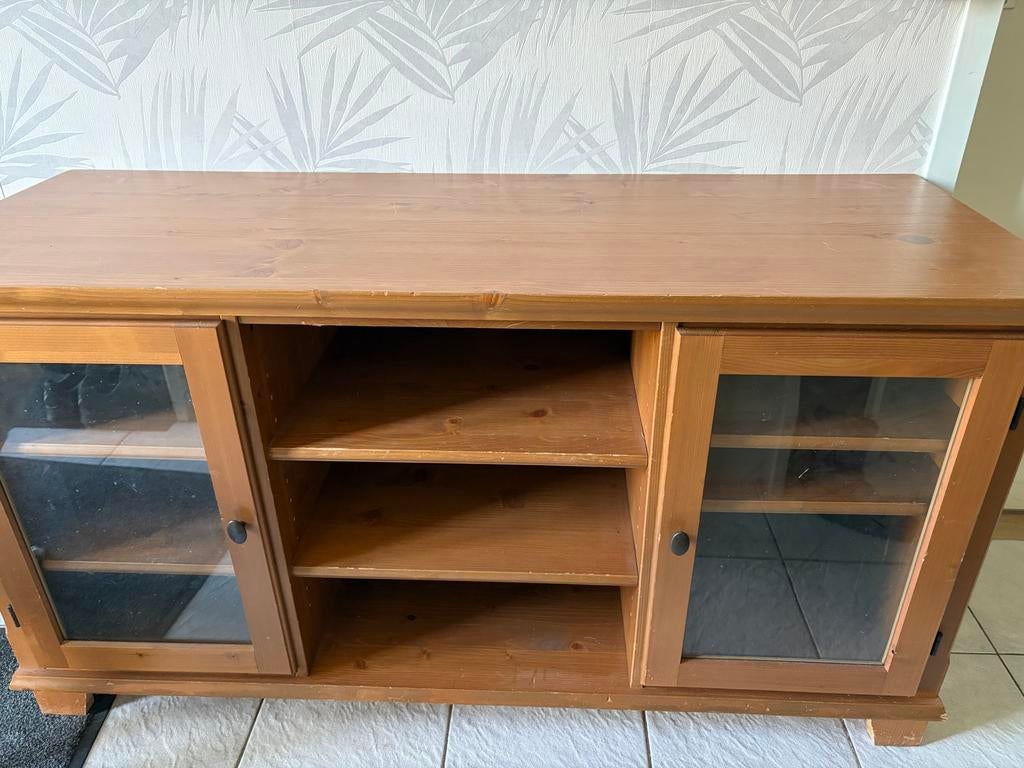 Houten tv-meubel met glazen deurtjes, Huis en Inrichting, Kasten | Televisiemeubels, Ophalen, Gebruikt, 100 tot 150 cm, Minder dan 100 cm
