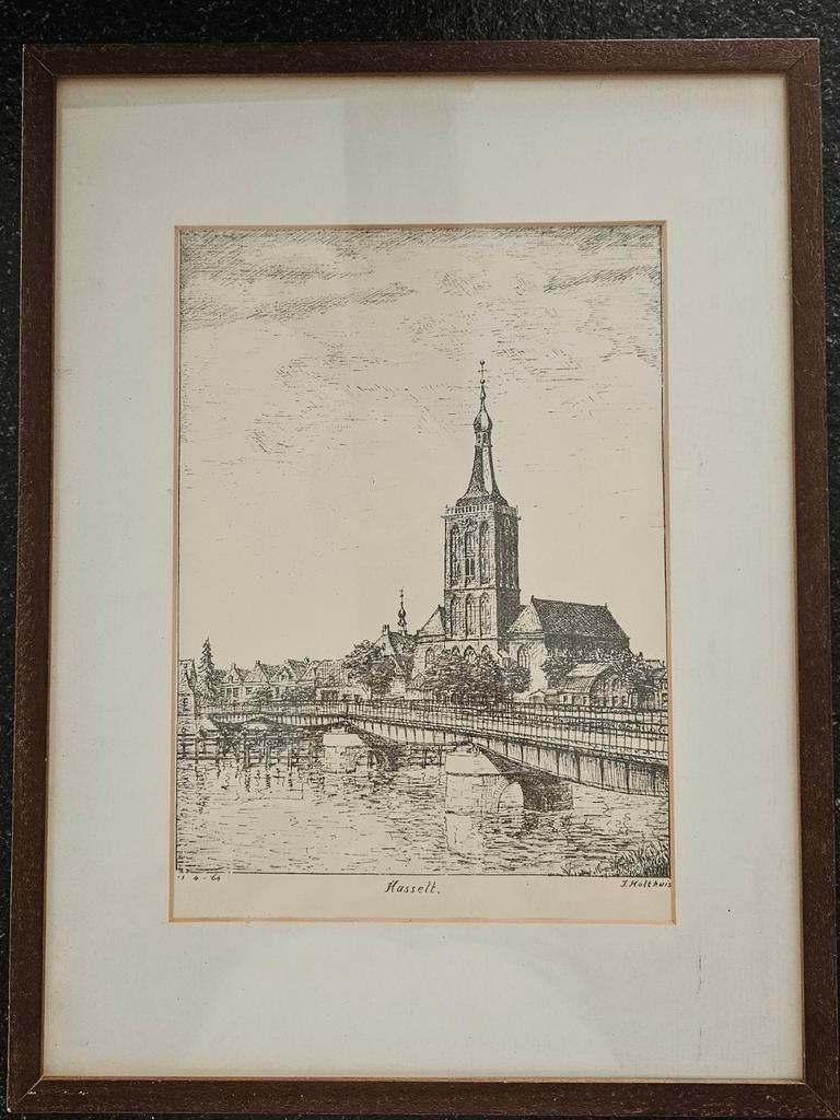 Oude prent Grote Kerk Hasselt - J. Holthuis 1964, Antiek en Kunst, Kunst | Etsen en Gravures, Ophalen of Verzenden