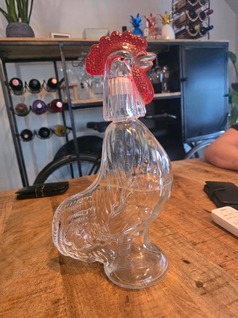 Unieke haan karaf - Glazen schenkkan met rode kam, Antiek en Kunst, Ophalen of Verzenden