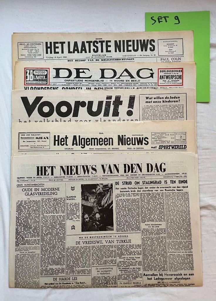 Originele WOII-kranten 1943 – set van 5 – set 10, Verzamelen, Verzenden, Overige soorten, Nederland, Boek of Tijdschrift