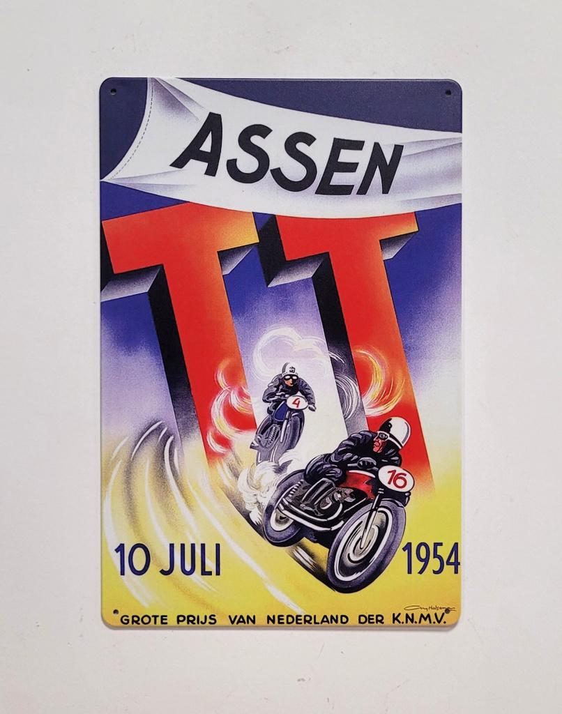 TT Assen Juli 1954 moto gp reclamebord van metaal wandbord, Reclamebord, Info@deconoord.nl, Deco Noord, Nieuw