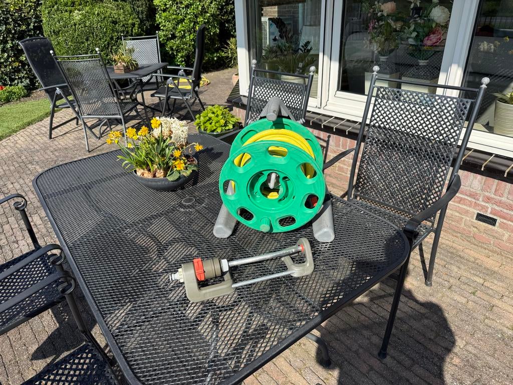 Tuinslanghaspel met slang en sproeier, Ophalen of Verzenden, Gebruikt, Tuinslanghaspel