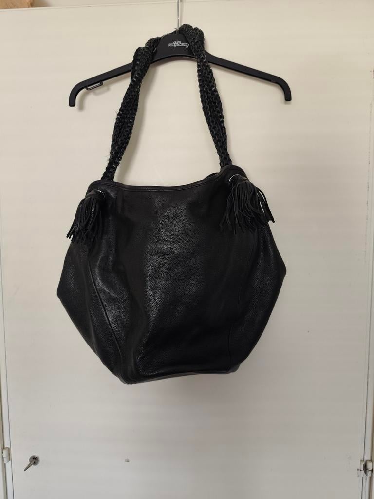 Grote Zwarte Leren Buideltas met Gevlochten Hengsels, Sieraden, Tassen en Uiterlijk, Tassen | Damestassen, Ophalen of Verzenden