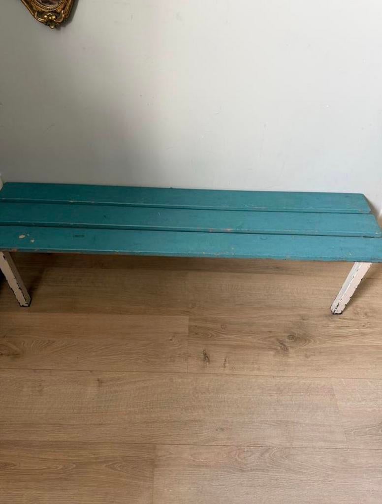 Robuust bankje met stalen poten, Huis en Inrichting, Stoelen, Ophalen, Gebruikt, Overige kleuren, Hout