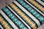 Rol vintage 100% katoen stof zwart blauw geel bloemen #4594, Geel, Ophalen of Verzenden, 30 tot 120 cm, Katoen