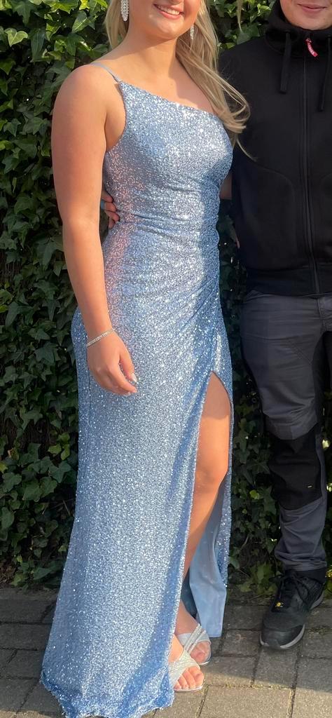 Gala jurk Ice Blue, Kleding | Dames, Jurken, Zo goed als nieuw, Maat 38/40 (M), Blauw, Onder de knie, Ophalen of Verzenden