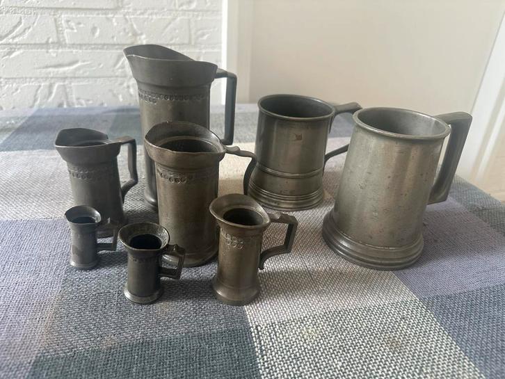 Set van 7 antieke tinnen kannen en bekers, Antiek en Kunst, Antiek | Tin, Ophalen