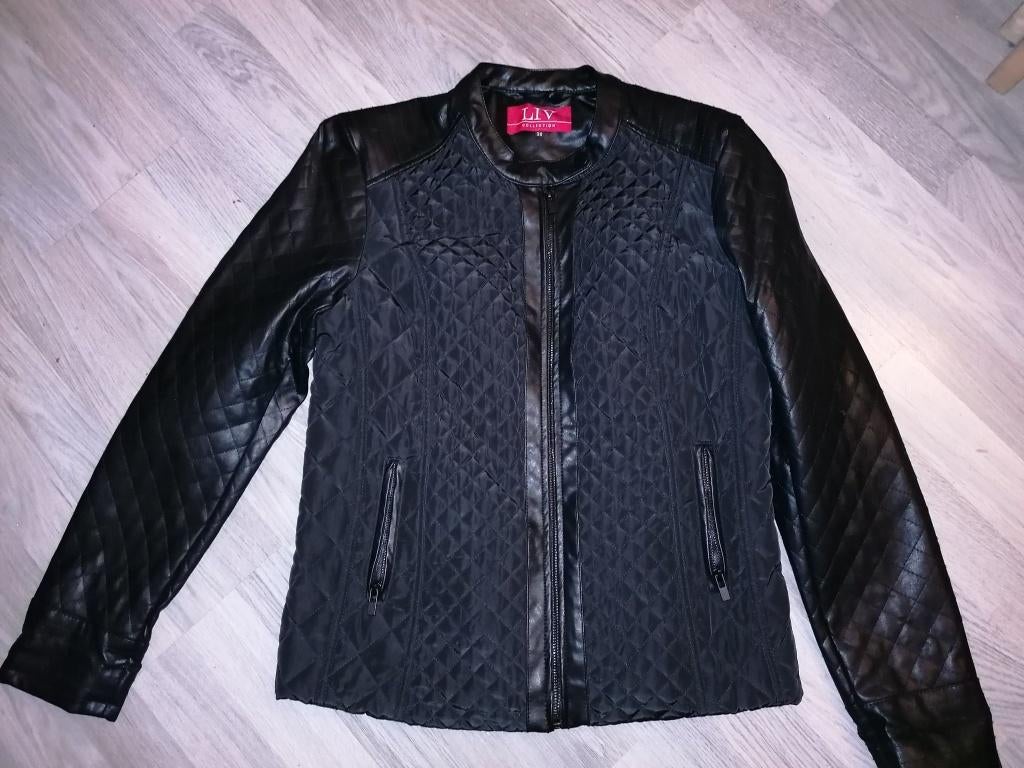 Stoere Jas met nep leren mouwen herftvoering liv maat m, Ophalen of Verzenden, Zo goed als nieuw, Maat 38/40 (M), Zwart