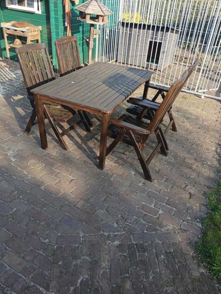 Teakhoutentafel met 4 stoelen, Ophalen of Verzenden, Gebruikt, Teakhout, 4 zitplaatsen