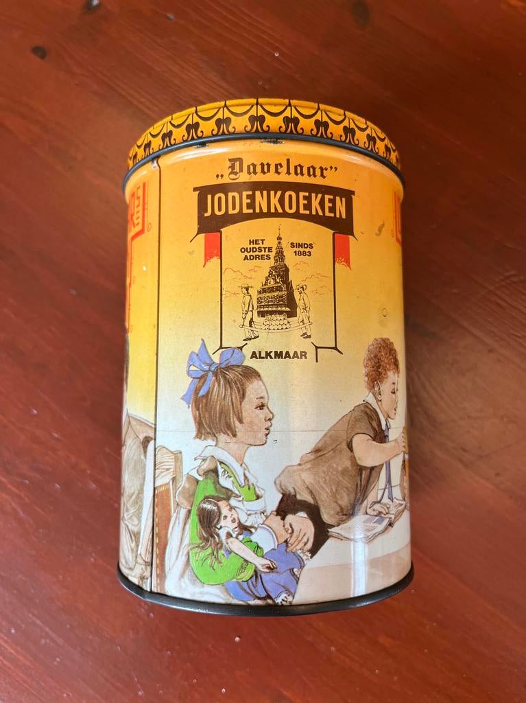Vintage Davelaar Jodenkoeken blik - nostalgisch design, Ophalen of Verzenden, Gebruikt, Koek(jes), Overige merken